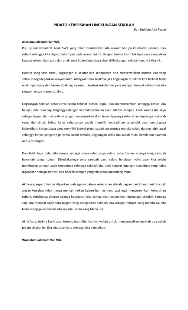 Pidato Kebersihan Lingkungan Sekolah