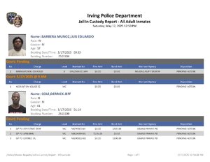 Irving Police Department Jail In Custody Report All Adult Inmates thumbnail