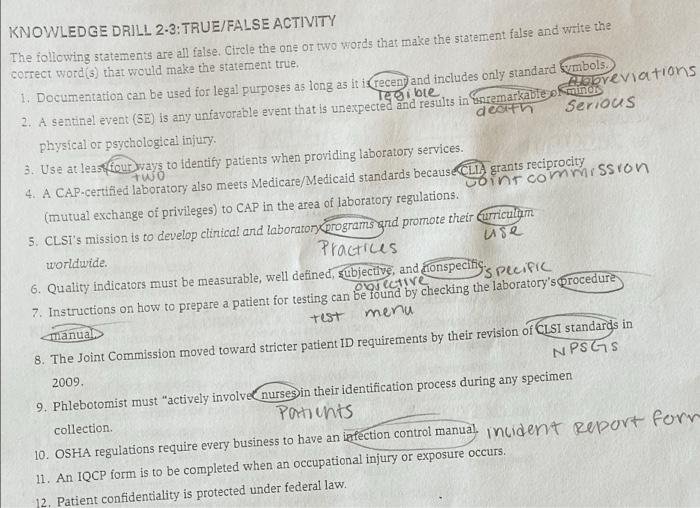 KNOWLEDGE DRILL 2-3: TRUE/FALSE ACTIVITY The following statements are all false. Circle the one or two words that make the statement false and write the correct word(s) that would make the statement true. 1. Documentation can be used for legal purposes as long as it is recent and includes only standard symbols. 2. A sentinel event (SE) is any unfavorable event that is unexpected and results in death or serious physical or psychological injury. 3. Use at least four ways to identify patients when providing laboratory services. 4. CAP-certified laboratory also meets Medicare/Medicaid standards because CLIA grants reciprocity (mutual exchange of privileges) to CAP in the area of laboratory regulations. 5. CLSI’s mission is to develop clinical and laboratory programs and promote their use worldwide. 6. Quality indicators must be measurable, well defined, subjective, and nonspecific. 7. Instructions on how to prepare a patient for testing can be found by checking the laboratory’s procedure manual. 8. The Joint Commission moved toward stricter patient ID requirements by their revision of CLSI standards in 2009. 9. Phlebotomists must “actively involve” nurses in their identification process during any specimen collection. 10. OSHA regulations require every business to have an infection control manual. 11. Notification must be completed when an occupational injury or exposure occurs. 12. Patient confidentiality is protected under federal law.